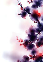 Delicate purple and red watercolor cherry blossoms on white background, flowing composition with soft gradient effects and transparent petals creates dreamy spring mood.