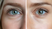 Close up macro shot of bright green eyes with long eyelashes showing skin texture and pores on light complexion face split comparison view.