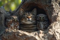 Amusing scene of tabby cat nestled between two small owls in tree hollow, all with eyes contentedly closed, showcasing unlikely animal friendship in nature.