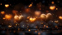 Glowing golden heart shapes floating with magical bokeh lights and sparkles against dark background, creating romantic and dreamy atmosphere.