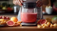 Fresh pink smoothie in glass blender jar surrounded by cut citrus fruits on wooden board. Hands adding ingredients for healthy breakfast drink preparation.