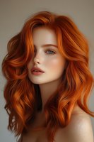 Young woman with vibrant copper red wavy hair and natural makeup against neutral background, soft lighting emphasizes hair color and facial features.