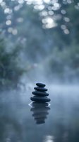 Zen stone stack balanced on calm water surface with soft bokeh background creating peaceful meditation and mindfulness atmosphere for wellness concepts.
