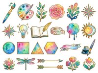 Watercolor art supplies and floral design elements collection, isolated on white background. Hand-drawn illustrations including paintbrush, palette, flowers, geometric shapes, and creative tools for graphic design, crafts, and artistic projects.