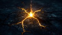 Glowing cracks with bright light emanating from center on dark textured surface, creating dramatic lightning-like pattern of golden energy streams on black ground.
