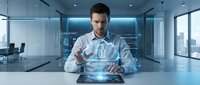 Man in light blue shirt working with digital interface and data visualization in modern office environment with city skyline view, suitable for technology, business, and corporate design projects.
