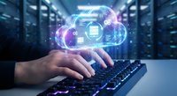 Hands typing on keyboard with glowing cloud computing hologram in server room. Digital transformation and data storage technology concept.