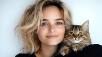 Young blonde woman cuddling adorable tabby kitten on white background. Pet owner bonding with fluffy cat. Cozy domestic scene for lifestyle content.