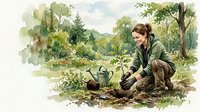 Young woman gardener planting seedlings in lush green garden with watering can, surrounded by trees and nature in watercolor style for organic farming.