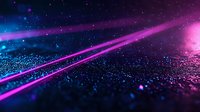 Futuristic neon laser beams cutting through starry space with glowing particles scattered across dark surface creating dynamic perspective and depth. For tech backgrounds.