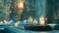 Glowing candles on wooden tray create serene spa atmosphere with soft bokeh lights and white blossom branches, tranquil wellness setting for relaxation.