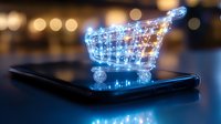 Glowing holographic shopping cart floating above smartphone screen with bokeh background, representing digital commerce and mobile shopping technology.