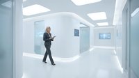 Businesswoman with tablet walking through modern white corridor with curved architecture and skylights, suitable for corporate, technology, and office environment concepts.