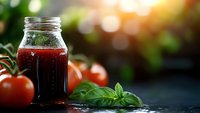 Fresh tomato juice in glass mason jar with basil leaves and ripe tomatoes on dark background, natural sunlight bokeh effect, healthy drink concept.