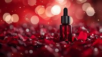 Red glass dropper bottle with essential oil or serum against blurred festive bokeh background with rose petals, luxury cosmetic product photography.