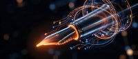 Futuristic rocket engine with glowing orange exhaust and circular energy rings in space technology concept for sci-fi projects and innovation designs.