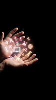 Open hand releasing glowing neon education icons including letters, numbers, book, and globe symbol against black background. Concept for learning, knowledge, digital literacy, online education.