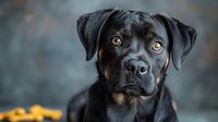 Black Labrador Retriever mix with amber eyes gazes intently at camera against blurred background, showing loyal and attentive expression. Selective focus portrait.
