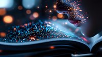 Magical open book with glowing particles and bokeh lights creating ethereal atmosphere against dark background. Pages emit mysterious blue illumination.