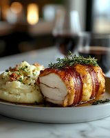 Bacon-wrapped chicken breast with herb garnish and creamy mashed potatoes served on white plate in elegant restaurant setting for gourmet dining experience.