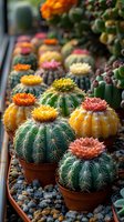 Colorful grafted cactus collection with vibrant yellow, pink, and orange crown flowers blooming on green spherical bodies, planted in terracotta pots on pebbled surface.