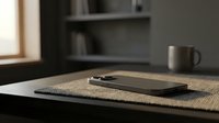 Smartphone and pen on woven mat at desk with coffee mug and shelving, workspace organization and productivity concept for business and office design projects.