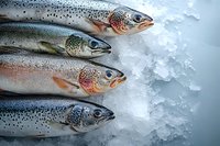 Fresh raw rainbow trout and salmon fish on crushed ice background, close up view of spotted fish arrangement for seafood market or restaurant menu.