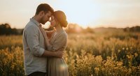 Romantic couple embracing in golden wheat field during sunset, intimate moment for wedding, engagement and love concepts.