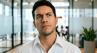 Young Hispanic male professional in white collared shirt standing in modern office environment with glass partitions and colleagues in background, suitable for corporate business and workplace concepts.