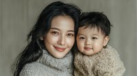 Asian mother and toddler son in cozy knit sweaters sharing tender moment together, warm family bonding portrait for parenting and lifestyle content.