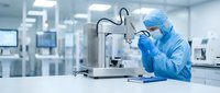 Laboratory technician in protective suit operating precision equipment in sterile cleanroom environment for pharmaceutical research and development.