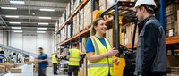 Female warehouse worker in safety vest discussing logistics with male supervisor in industrial distribution center with organized inventory shelves.