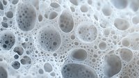 Macro view of white foam bubbles creating abstract pattern with circular shapes and delicate texture. Soft monochromatic background for cosmetic or cleaning products.