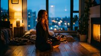 Woman with long reddish-brown hair, sitting on wooden floor in cozy bedroom at dusk, gazing at illuminated city skyline through large windows, warm lamp lighting, fireplace glow, potted plants, relaxation and contemplation.