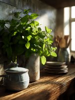 Fresh mint plant in rustic ceramic vase on wooden surface with soft window light, ceramic dishes and kitchenware in background.