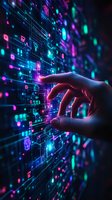 Human hand touching digital interface with glowing neon elements in purple and blue colors against dark background. Futuristic technology concept for business solutions.