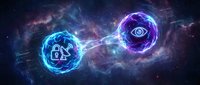 Two glowing neon spheres connected by energy streams in deep space, featuring security lock and eye symbols, representing data protection and digital surveillance technology.