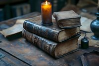 Glowing candle illuminates stack of vintage leather-bound books on rustic wooden table, creating atmospheric mood for literature and storytelling.