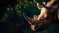 Close-up portrait of white rhinoceros with prominent horn against dark green foliage background, illuminated by golden sunset light.