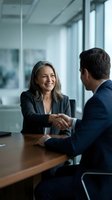 Professional businesswoman and businessman shaking hands during successful meeting in modern office conference room for partnership agreement.