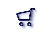 Minimalist navy blue shopping cart icon with soft shadow effect on white background, isolated design element for e-commerce and retail applications.