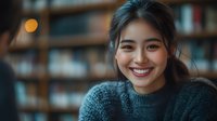 Young Asian woman with bright genuine smile wearing cozy dark sweater against blurred bookshelf background with warm bokeh lighting, expressing joy and confidence.