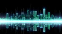 Futuristic cityscape with glowing green skyscrapers reflected in mirror surface, digital wave visualization creates modern urban technology concept.