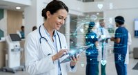 Female doctor using digital tablet with holographic medical data display in modern hospital environment for healthcare technology applications.