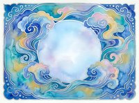 Watercolor celestial frame with swirling clouds in blue, teal, and gold tones surrounding a soft circular copy space for text or design.