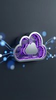 Cloud computing technology with purple circuit board pattern and glowing network connections on dark background for digital transformation concepts.