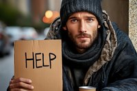 Homeless man in winter clothing holding cardboard sign asking for help while sitting on street with disposable coffee cup, depicting urban poverty and hardship.