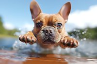 Adorable French Bulldog puppy swimming in clear water with paws extended forward, summer outdoor activity for pets and animals enjoying aquatic recreation.
