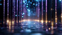 Futuristic corridor with glowing neon pillars and bokeh lights creating an immersive digital environment for sci-fi, gaming, and technology design projects.