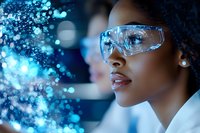 Young African American female scientist in protective eyewear examining glowing blue particles in dark laboratory setting, representing research and innovation.